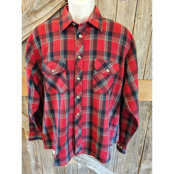 Vintage High Sierra by Mervyns red black plaid button up flannel L ^ - Picture 1 of 8